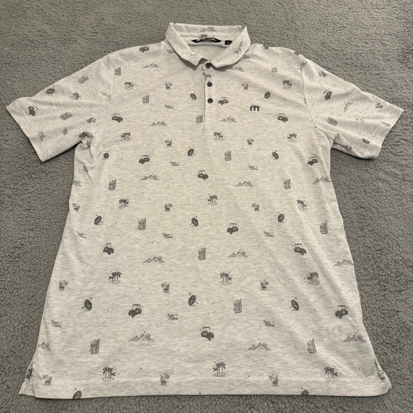 Travis Mathew‎ Golf Polo Shirt Sport Mens Size XXL Grey Beer Golf Cart Print - Picture 1 of 10